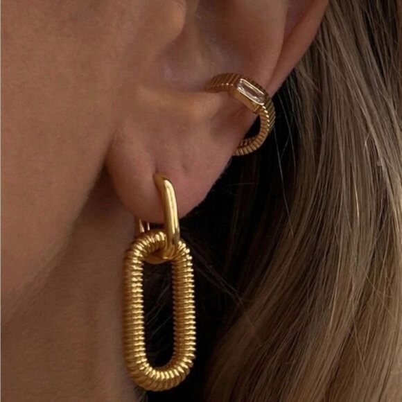 Gold Plated Stainless Steel Linked Chain Earrings - Picture 2 of 3